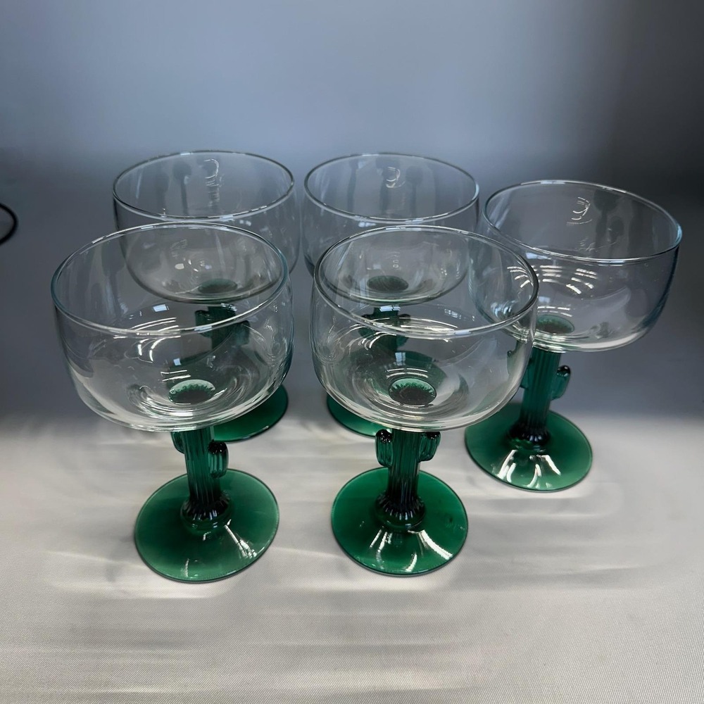 Set of 5 Vintage Libbey Juniper Green Cactus Stem 12oz Margarita Glasses